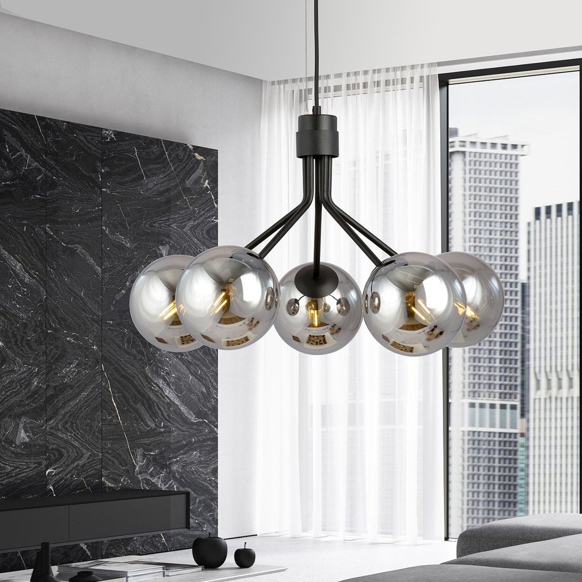 Lampada a sospensione NOVA in acciaio nero con diffusori in vetro grafite