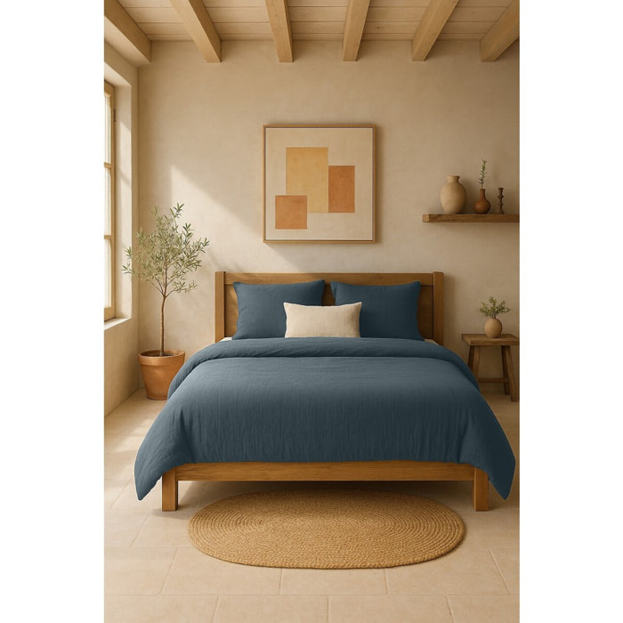 Drap housse gaze de coton lavé bleu petrole