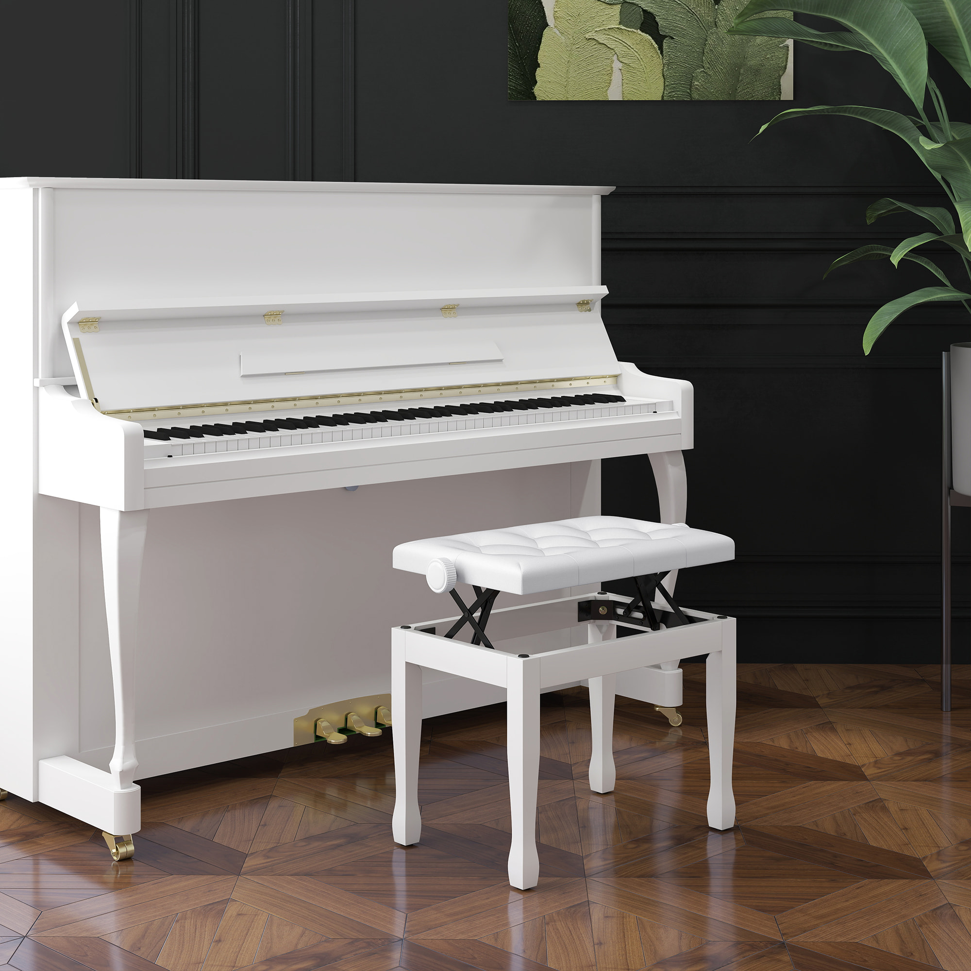 Banquette piano tabouret siege hauteur reglable blanc bois revêtement synthétique