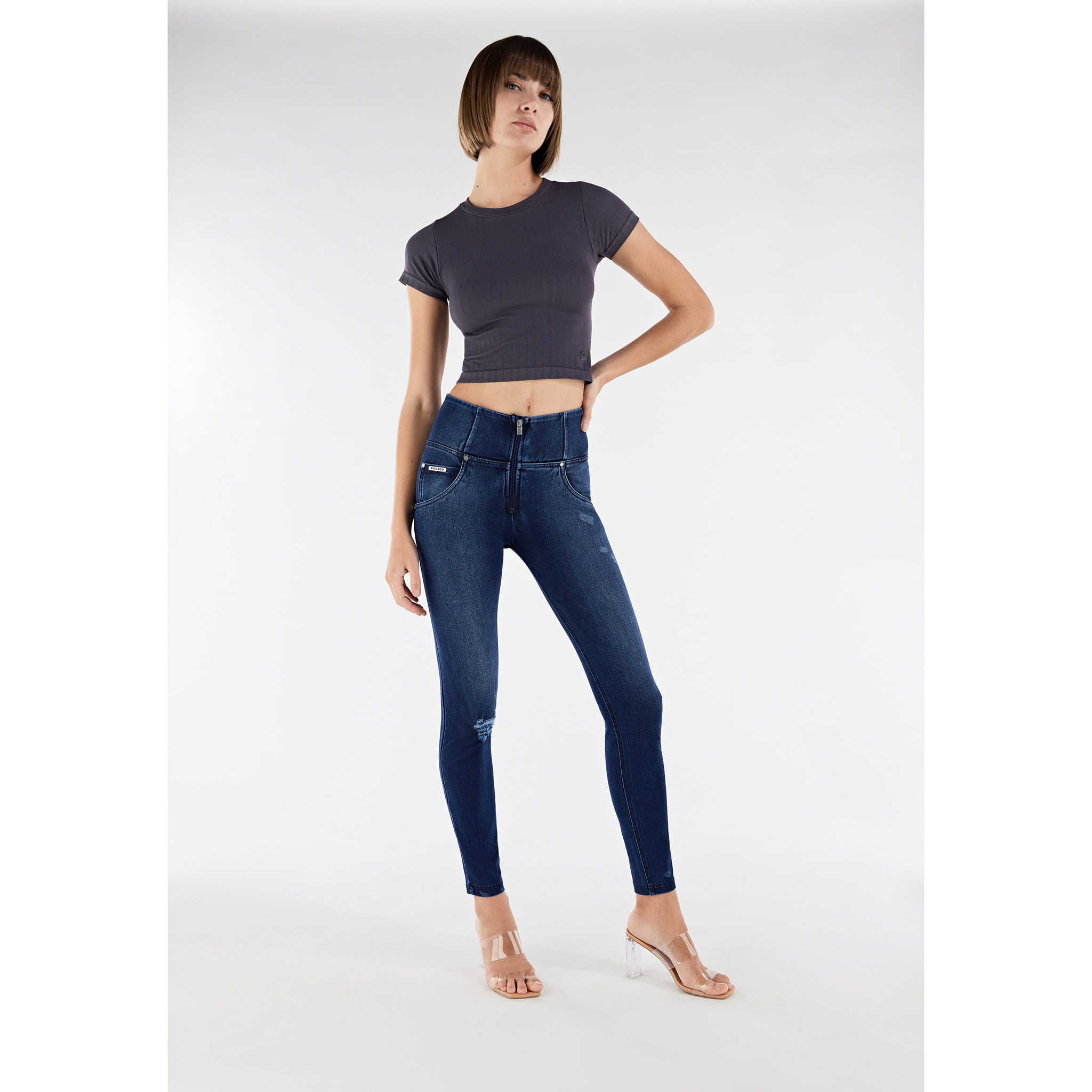 Jeans push up WR.UP® vita alta in denim navetta ecologico con strappi