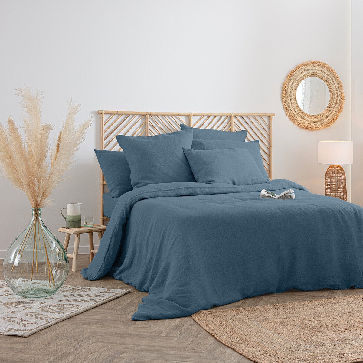 Drap-housse "Linah" - bleu canard - lin lavé 140x190 cm