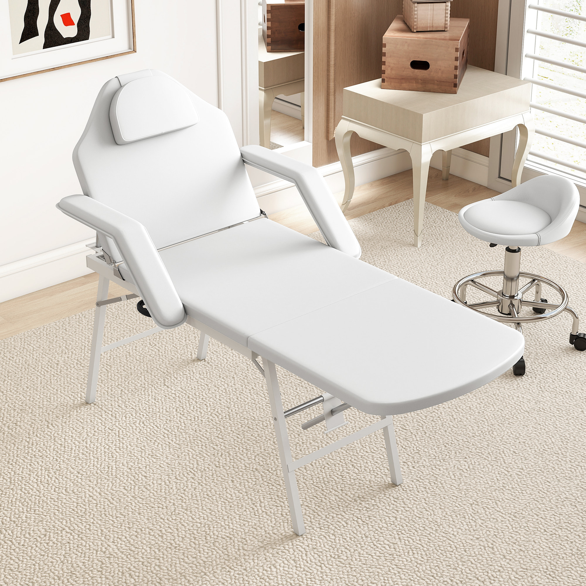 Camilla Masaje Plegable Portátil Camilla Estética Profesional de 3 Zonas con Respaldo Soporte para Piernas Ajustables Reposacabezas Extraíble Reposabrazos Acolchados para Spa 182x82 cm Blanco