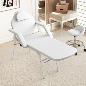 Camilla Masaje Plegable Portátil Camilla Estética Profesional de 3 Zonas con Respaldo Soporte para Piernas Ajustables Reposacabezas Extraíble Reposabrazos Acolchados para Spa 182x82 cm Blanco