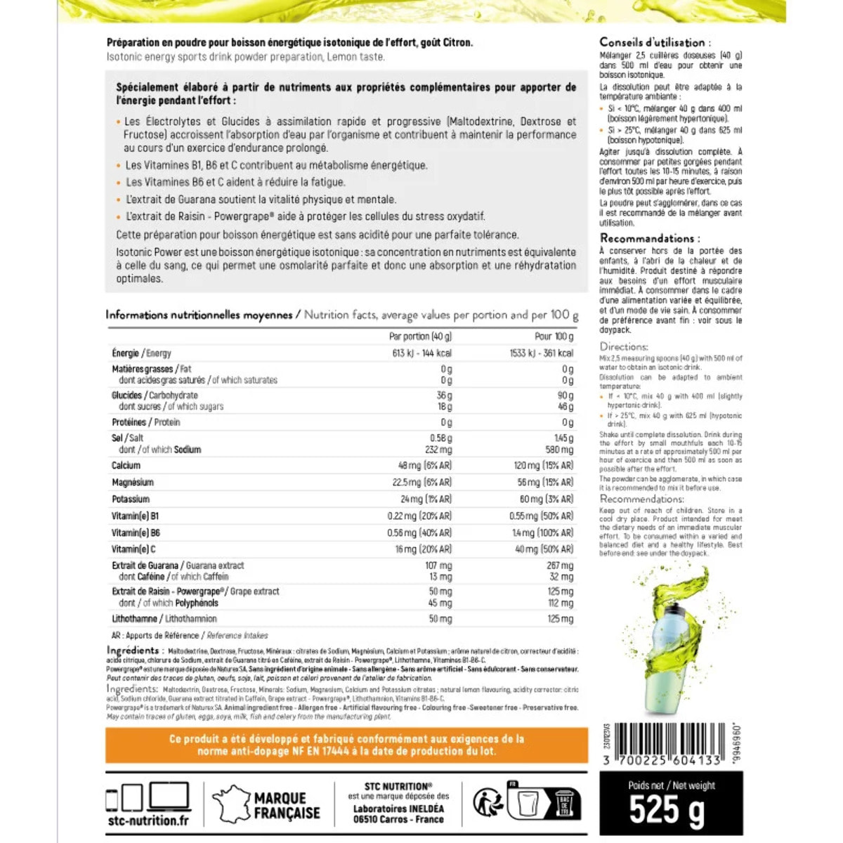 STC NUTRITION - Isotonic Power - Préparation pour boisson énergétique isotonique dynamisante - Source d'électrolytes - Hydratation optimale - 100% vegan - Goût Citron - 13 doses - Doypack 525 g - Citron