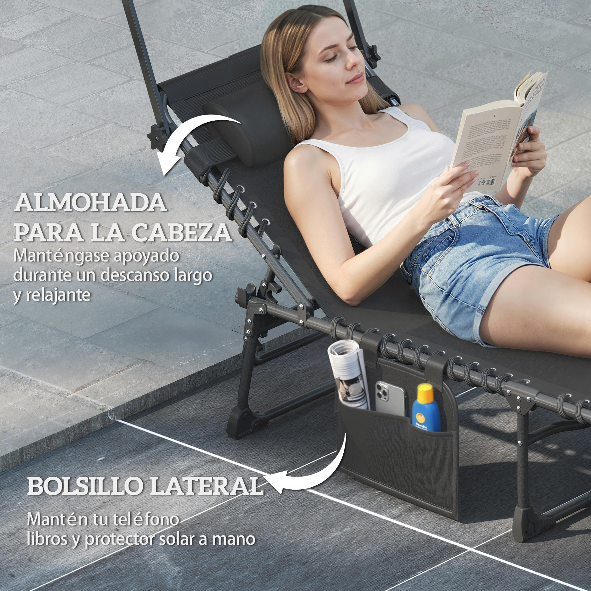 Set de 2 Tumbonas Jardín Exterior, Tumbonas Plegables con Reposacabezas, Parasol y Bolsillo Lateral, Respaldo Reclinable 5 Posiciones y Asiento Malla Transpirable para Playa, Piscina, Negro