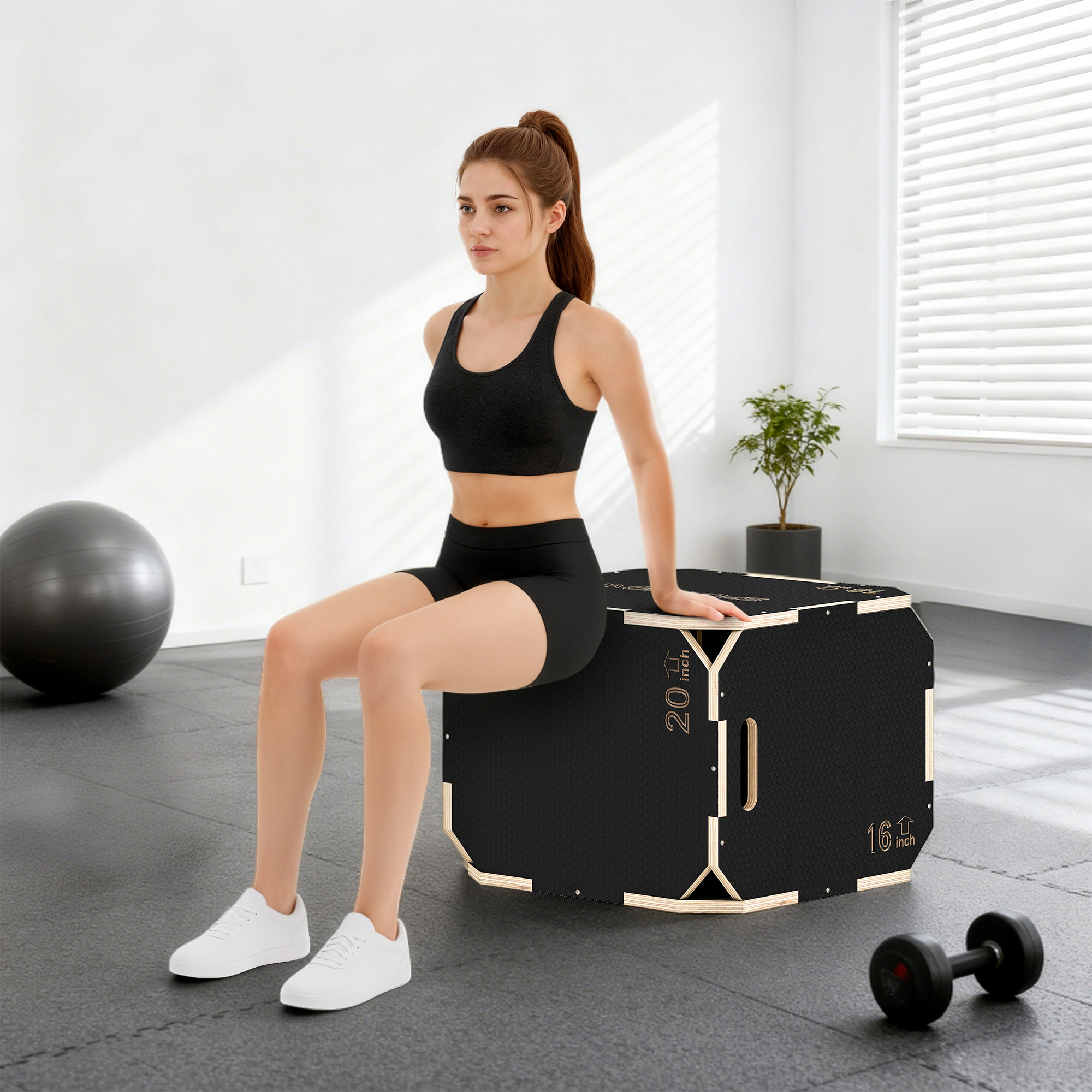 Cajón Pliométrico de Madera 3 en 1, Plataforma de Caja Pliométrica con 3 Alturas Ajustables 51/48/41 cm, Asas, sin Esquinas, Entrenamiento de Salto, Fuerza, para Casa, Gimnasio y Exterior