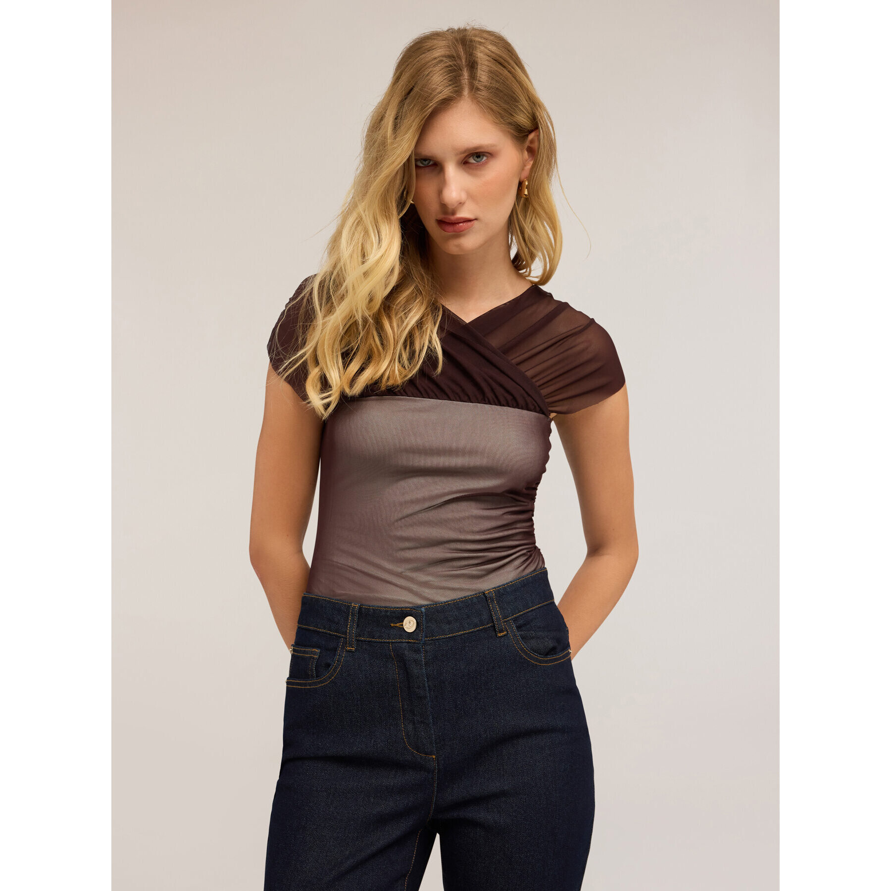 Motivi - T-shirt con inserti in tulle - Bordeaux