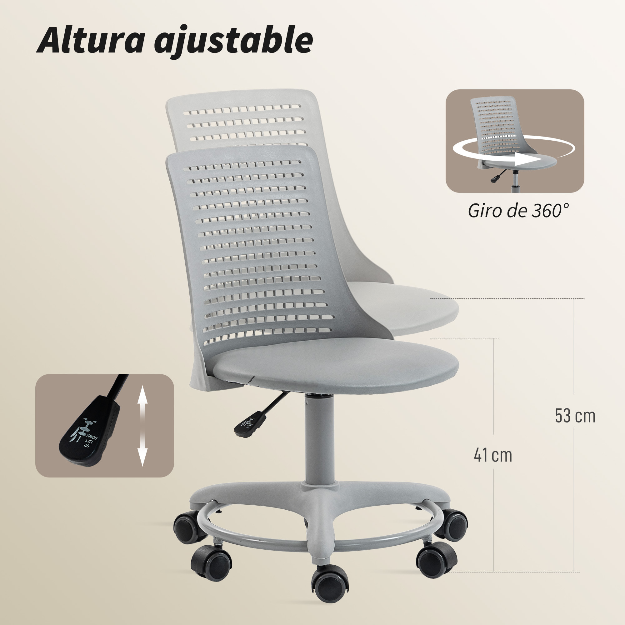 Silla de Escritorio sin Brazos, Silla de Oficina Giratoria, con Respaldo Hueco, Asiento Acolchado de Espuma de Alta Resiliencia, Altura Ajustable, Gris