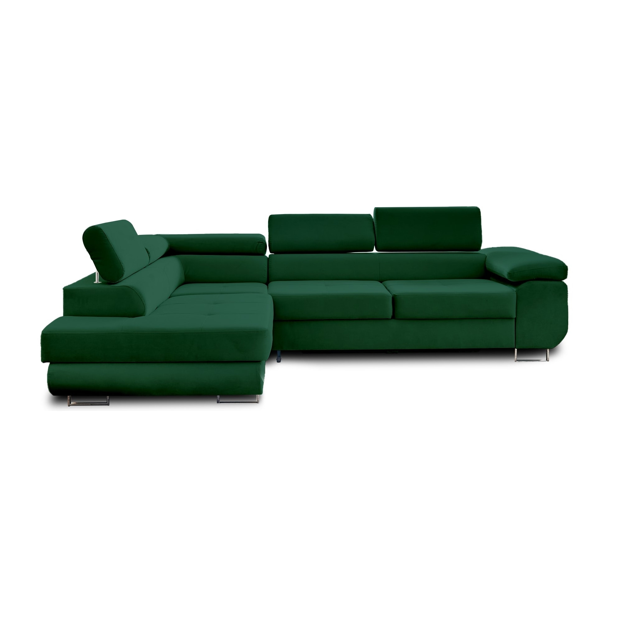 Pablo - canapé d'angle gauche - 5 places - convertible avec coffre et têtières réglables - en velours - Vert