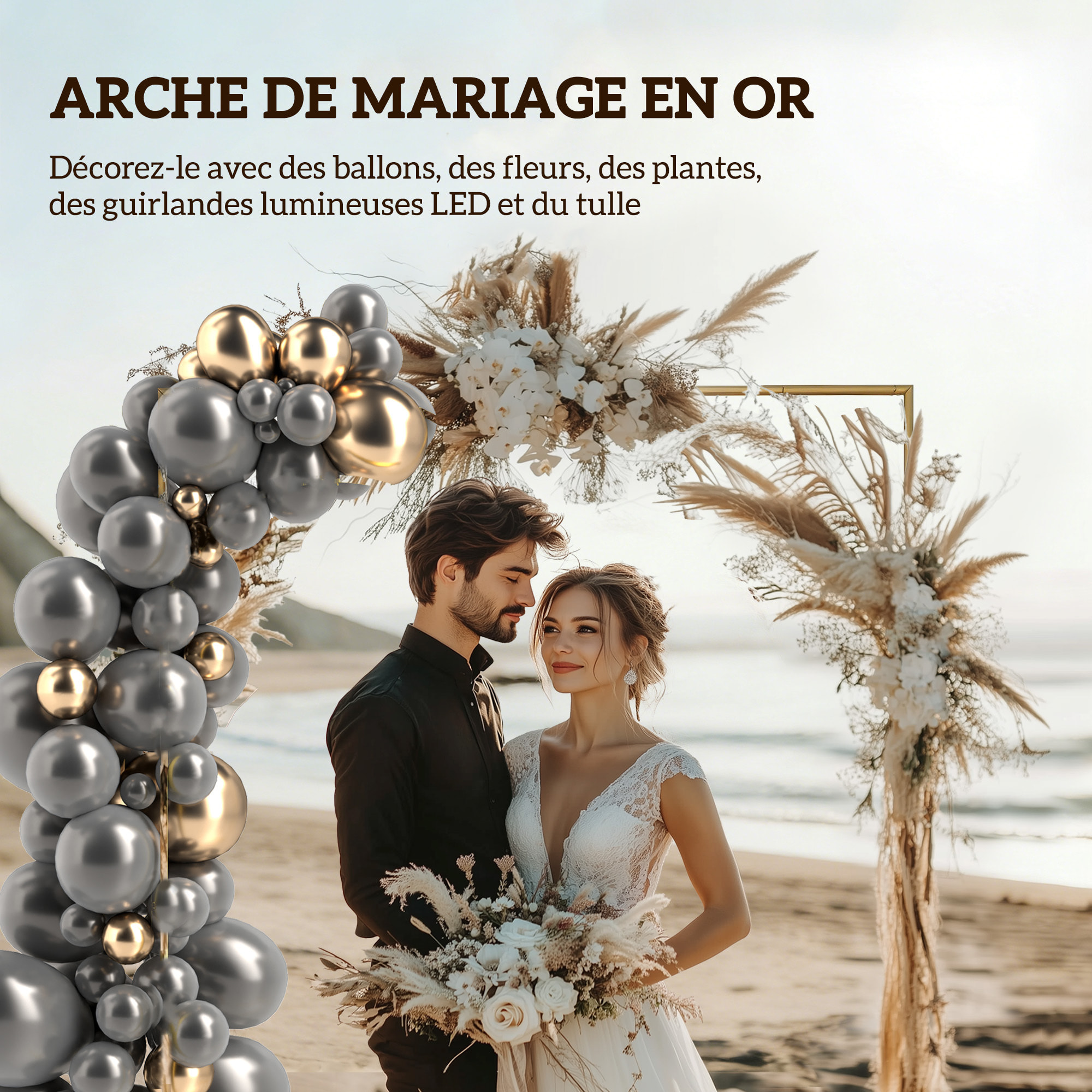 Arche décorative autoportante - arche de mariage - 200 x 40 x 200 cm - métal doré