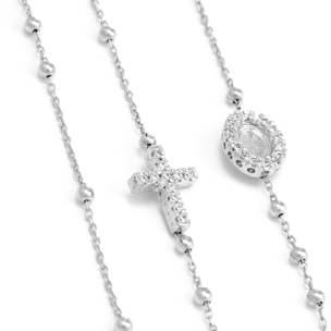 Collana in Argento 925. Rosario con 33 sfere intagliate e stampa della Madonna e croce con diamanti