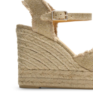 Sandalia de cuña Bromelia en lino metalizado con cierre de pulsera