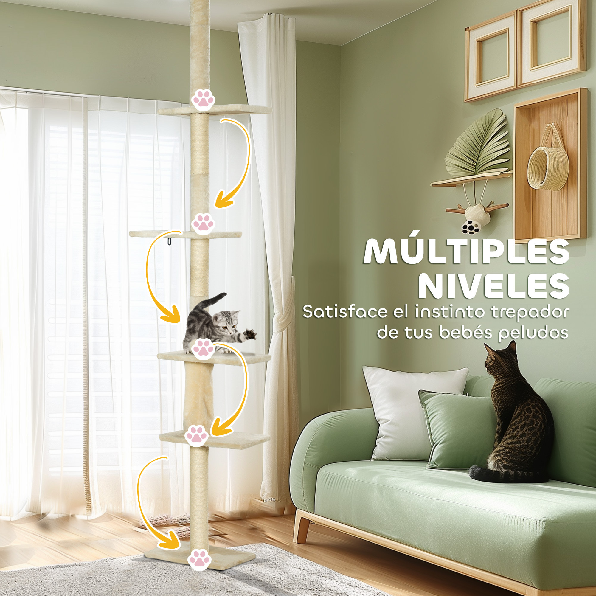 Árbol para Gatos de Suelo a Techo 225-275 cm Árbol Rascador para Gatos Torre para Gatos con Múltiples Plataformas Sistema de Antivuelco Crema