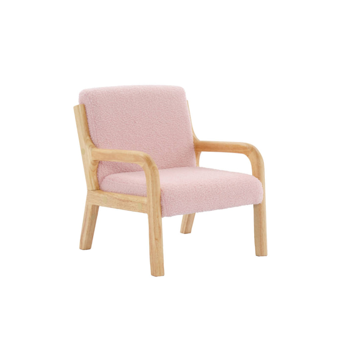 Fauteuil scandinave enfant en bois et tissu bouclette rose