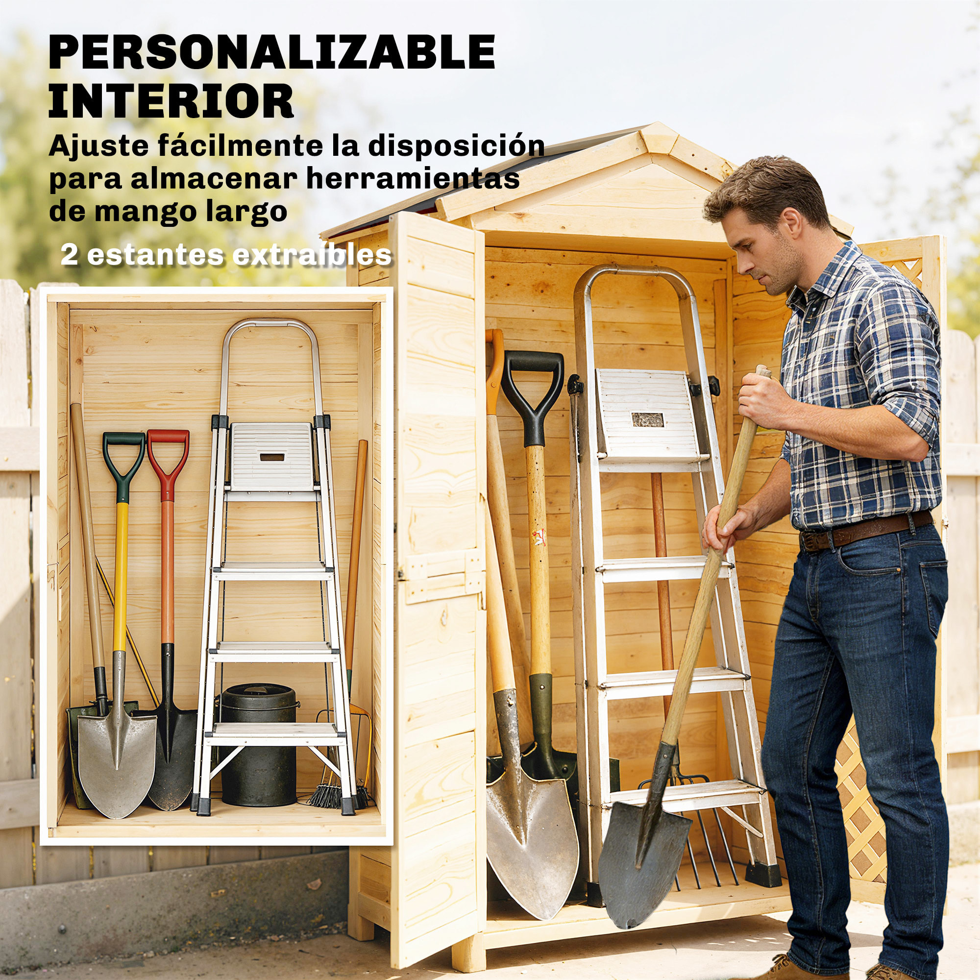 Armario de Exterior de Madera Caseta Jardín Exterior con Techo de Asfalto 2 Puertas Ventiladas con Pestillo 2 Estantes Extraíbles Cobertizo de Jardín para Almacenaje Herramientas Natural