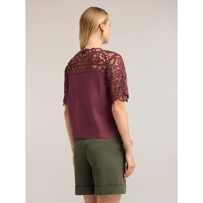 Motivi - Blusa in cotone con inserto in macramé - Viola