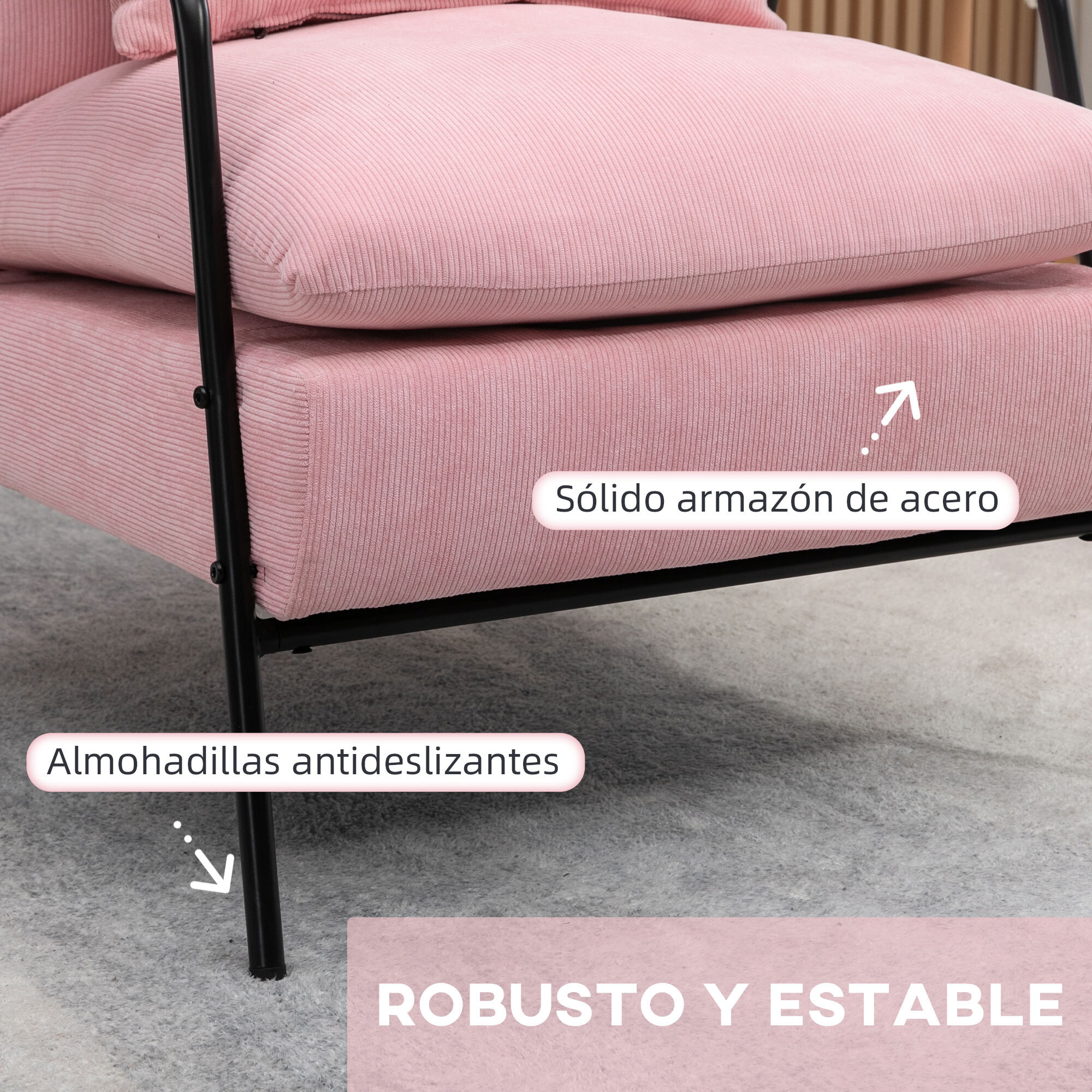 Sillón Relax con Reposapiés Sillón Reclinable con Respaldo Ajustable Tapizado en Pana Marco de Acero y Cojines para Salón Dormitorio 68x91,5x88 cm Rosa