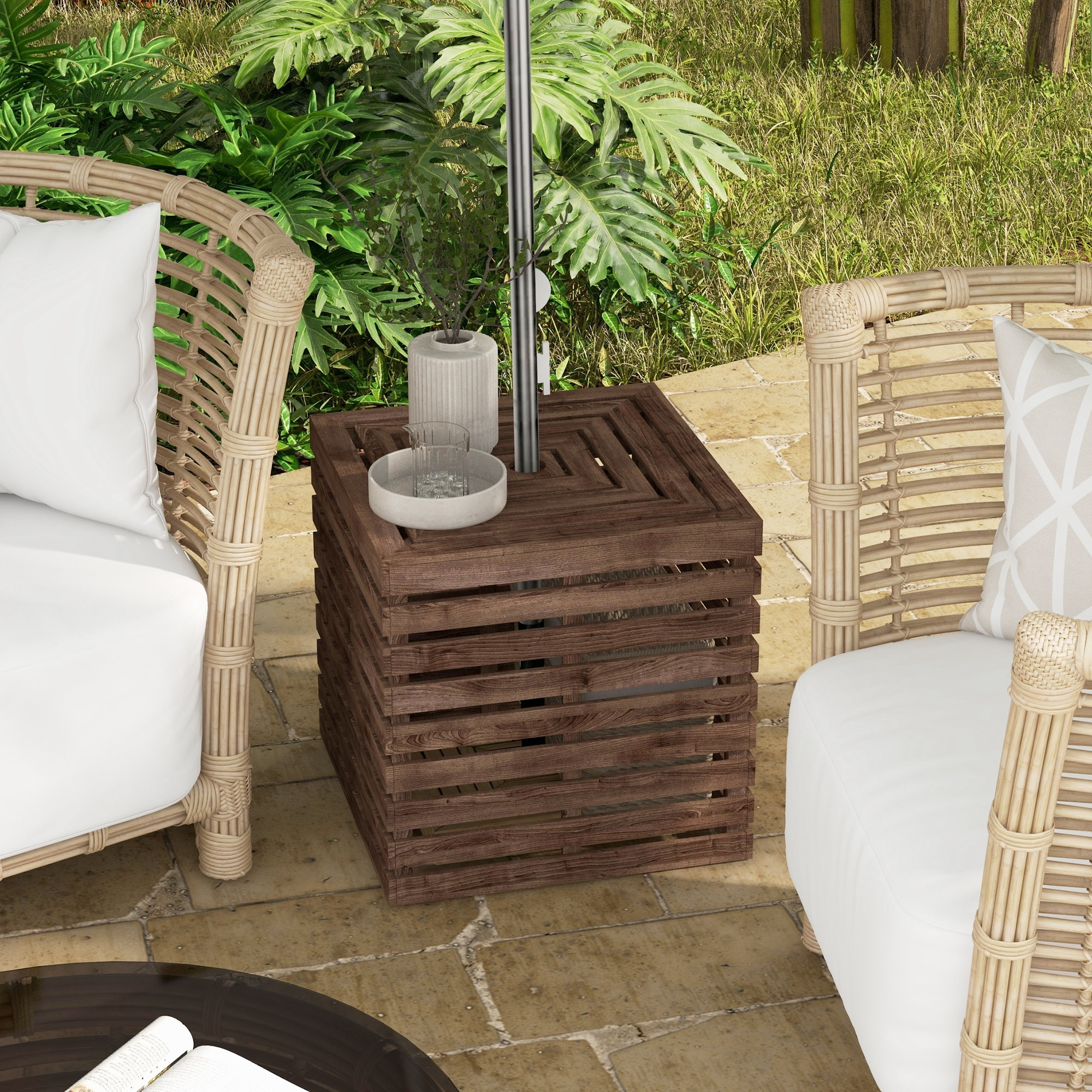 Pied de parasol coffre de rangement table basse 3 en 1 bois de sapin