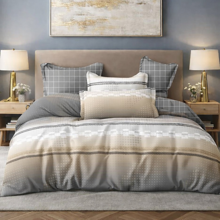 Parure housse de couette 100% coton - Strate imprimé graphique beige