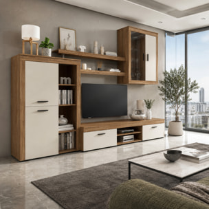 Parete Attrezzata Da Soggiorno Salotto Moderna Con Ante Mensole Vani A Giorno Vetrinetta Mobile TV Design Moderno 293x193x50 Cm Bianco Rovere Scuro