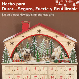 Calendario de Adviento para Rellenar de Madera, con Luces LED y 24 Cajones, Calendario de Adviento de Navidad Reutilizable con Escena de Pueblo, Decoración Navideña, 36x10x34 cm, Natural