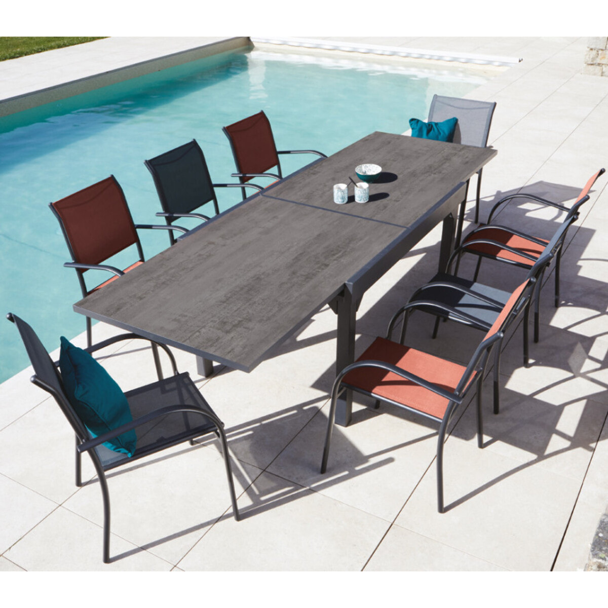 Ensemble table et chaises de jardin  - gris et terracotta - HONFLEUR XL SPC BEZIERS ardoise