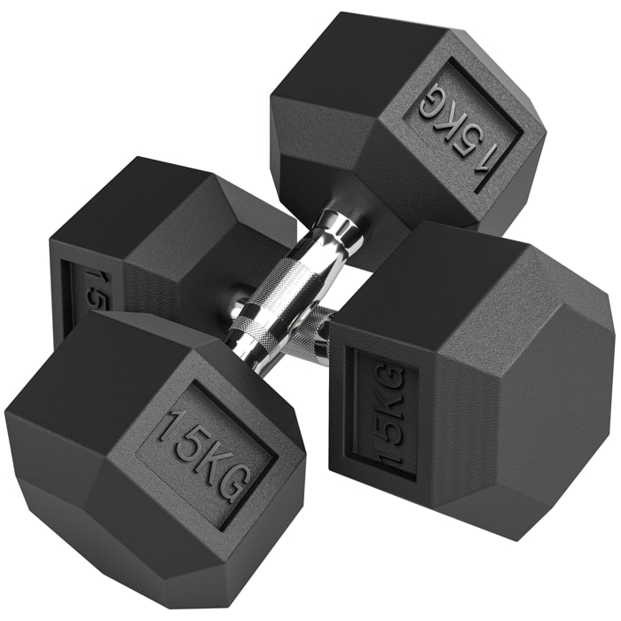 Juego de Mancuernas Hexagonales, 2 x 15 kg, de Hierro Fundido, Recubiertas de Goma, Juego de Pesas con Barras de Conexión para Entrenamiento en Casa, Gimnasio y Oficina, Negro y Plata