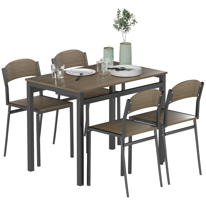 Juego de Mesa y Sillas de Comedor, Mesa de Cocina Rectangular con 4 Sillas, Estilo Moderno, Marco Metálico, para Espacios Pequeños, Salón, Marrón Oscuro y Negro