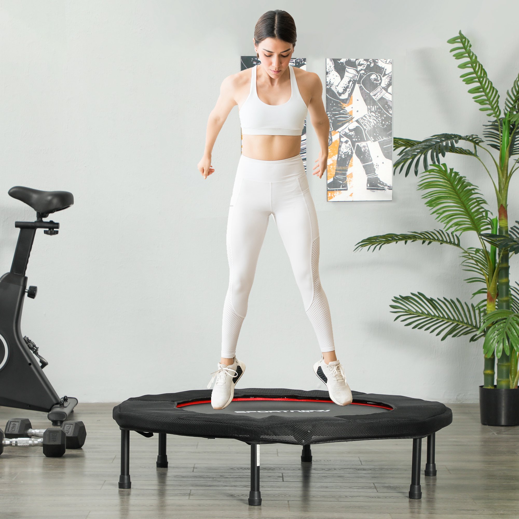 Trampolín de Fitness Plegable Ø102 cm Cama Elástica con Marco de Acero Antideslizantes Carga 100 kg para Entrenamiento Piernas Cuerpo en Hogar Oficina Gimnasio Rojo