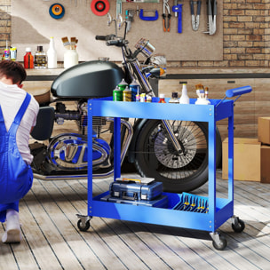 Chariot desserte d'atelier en acier 2 plateaux sur roulettes avec poignée - charge max. 150 kg - 84,5 x 38 x 84 cm bleu