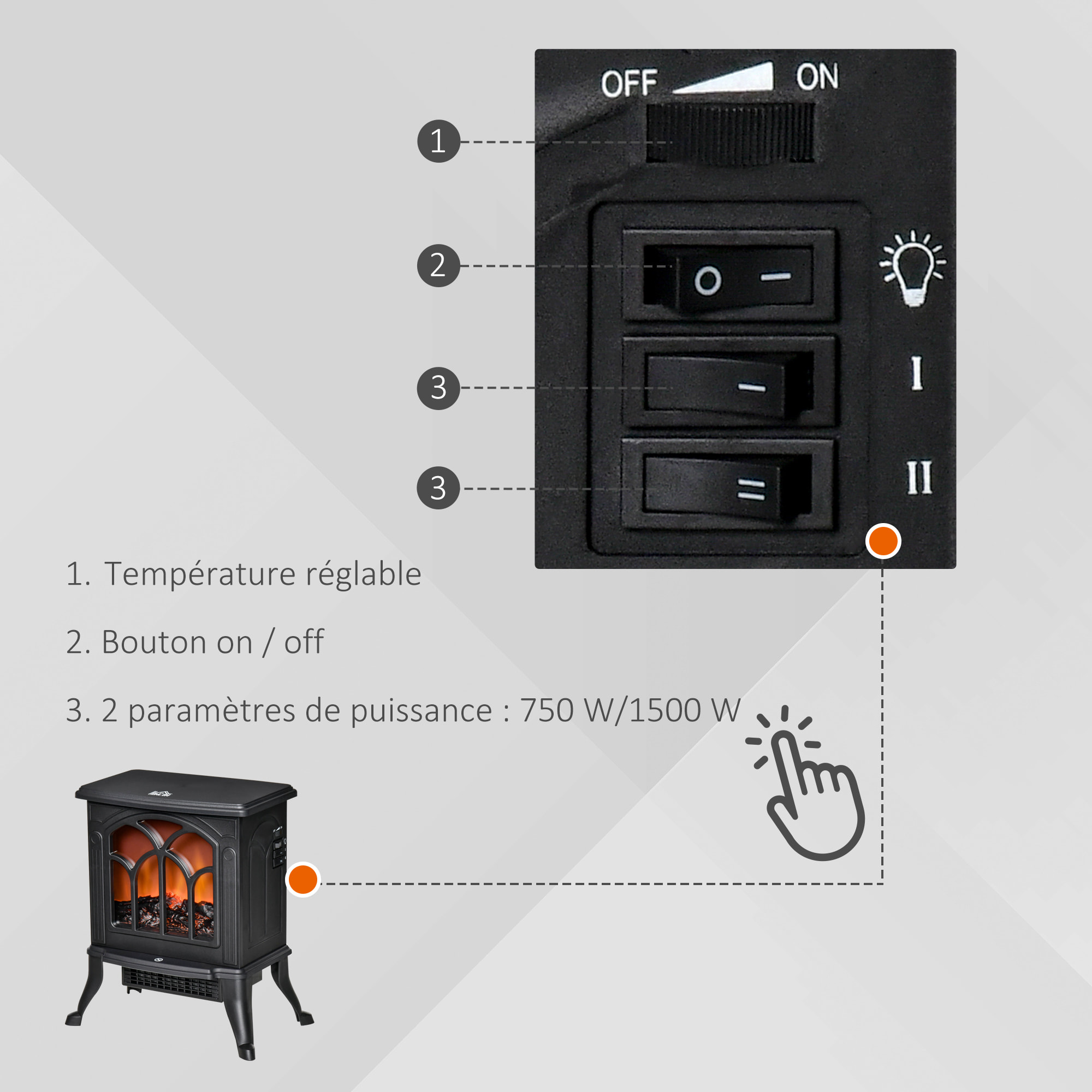 Cheminée électrique poêle style rétro thermostat 750-1500 W noir