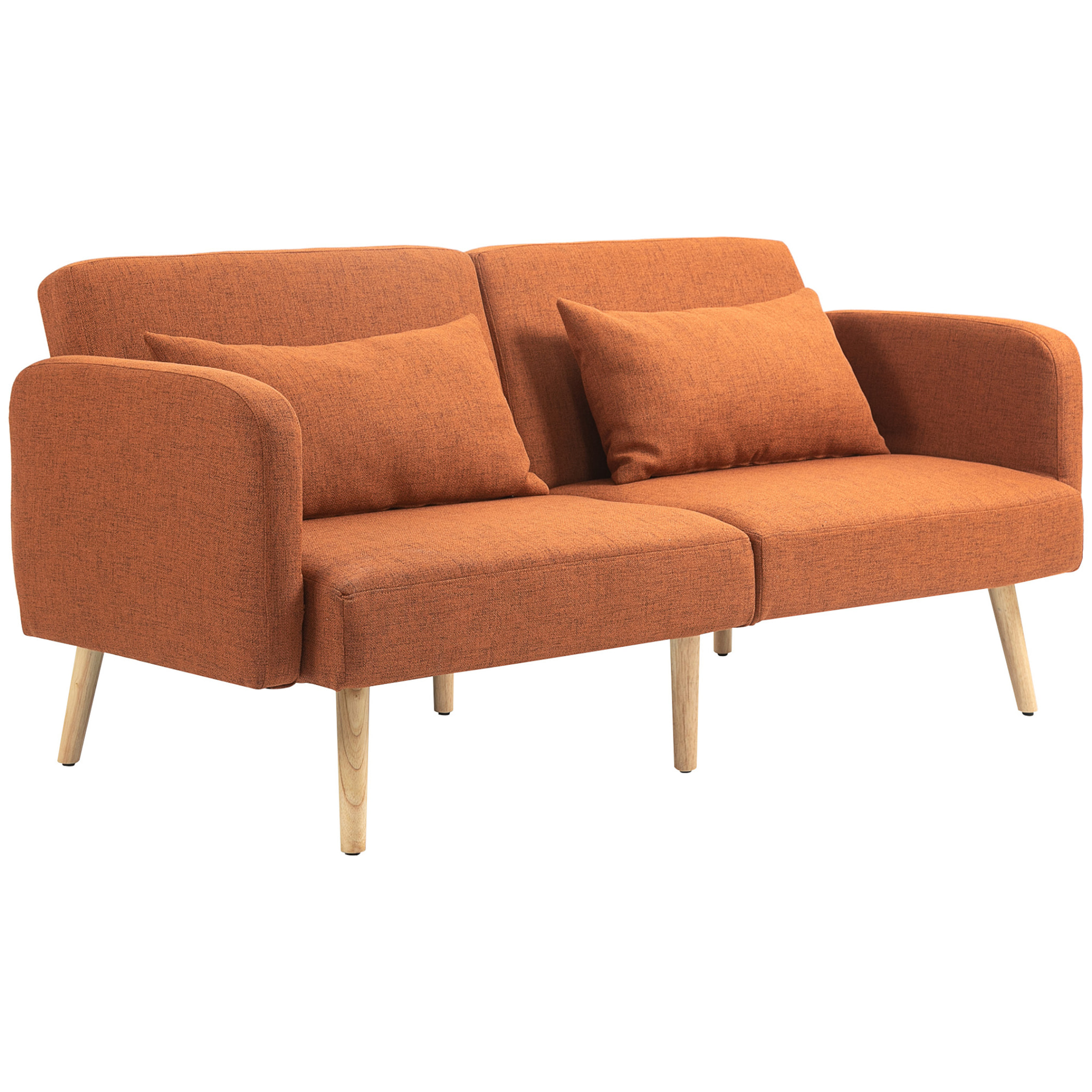 Canapé convertible 3 places design scandinave - dossier inclinable, accoudoirs réglables - 2 coussins déco - tissu ocre havane