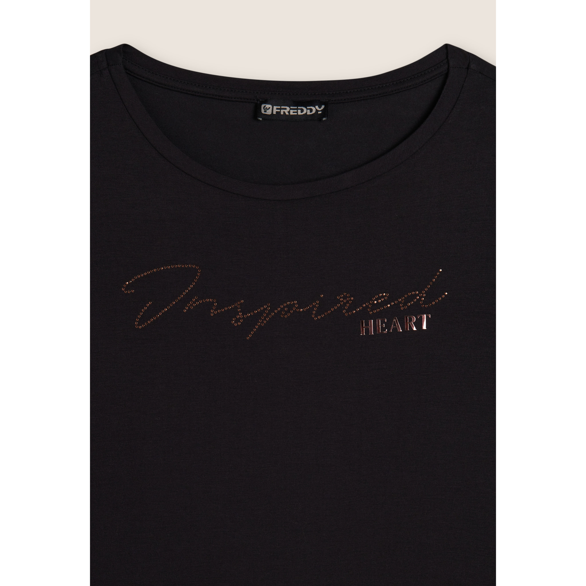 T-shirt donna con grafica in strass e logo sul fondo