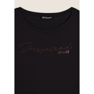 T-shirt donna con grafica in strass e logo sul fondo