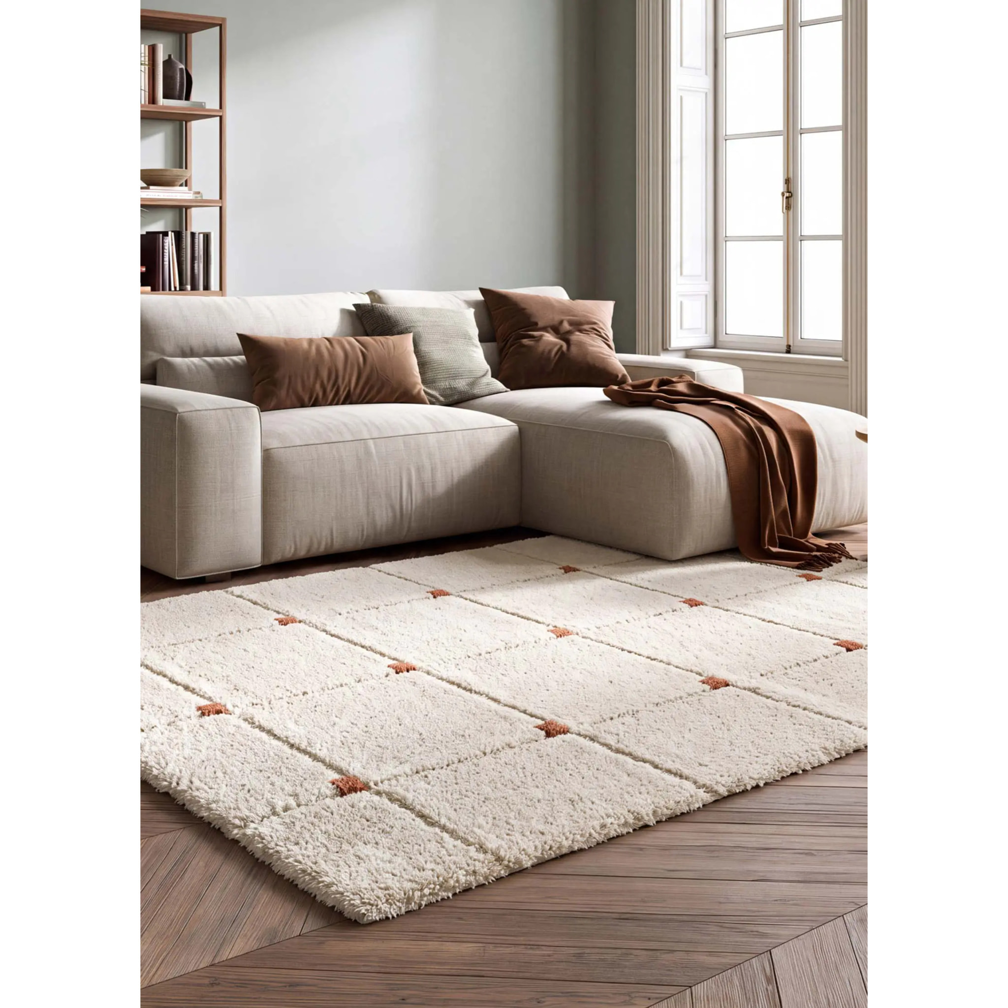 BRENDA Alfombra shaggy geométrica con relieve blanco y motivos caldera, varias medidas disponibles