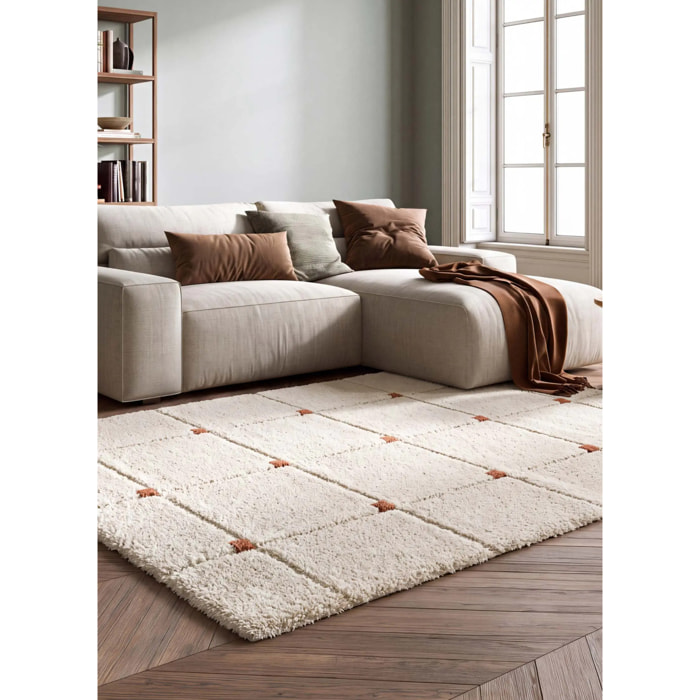 BRENDA Alfombra shaggy geométrica con relieve blanco y motivos caldera, varias medidas disponibles