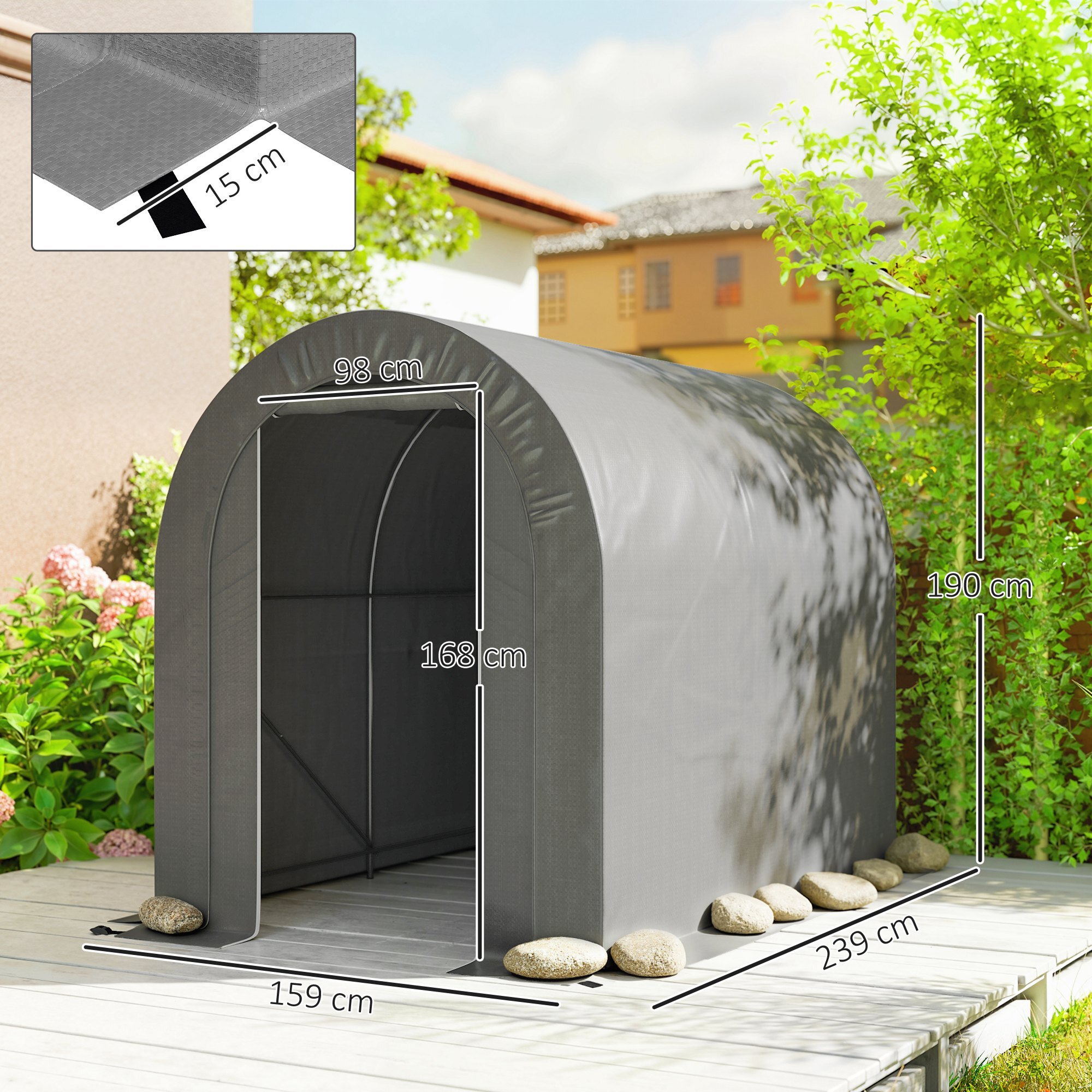 Carpa de Jardín Exterior para Herramientas, Bicicletas, 2,4x1,6x1,9 m, Cobertizo Exterior con Marco de Acero, Puerta Enrollable con Cremallera, Impermeable, Garaje Portátil, Gris Claro