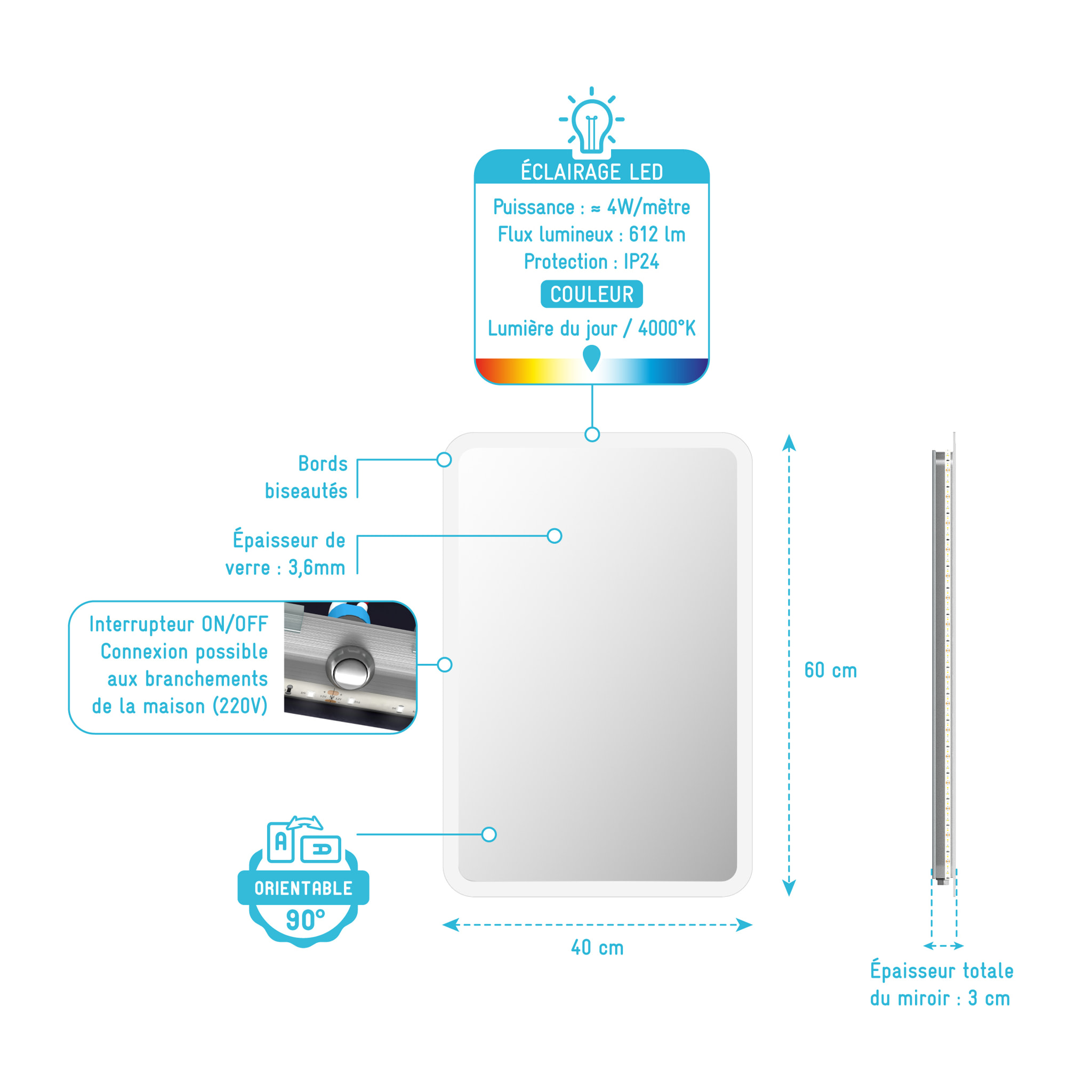 Miroir salle de bain avec eclairage LED - 40x60cm - GO LED