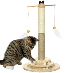 Árbol Rascador para Gatos de Madera Altura 56 cm Torre para Gatos Centro de Actividades para Gatitos con Poste de Yute y Sisal Bolas para Jugar Ø32x56 cm Natural