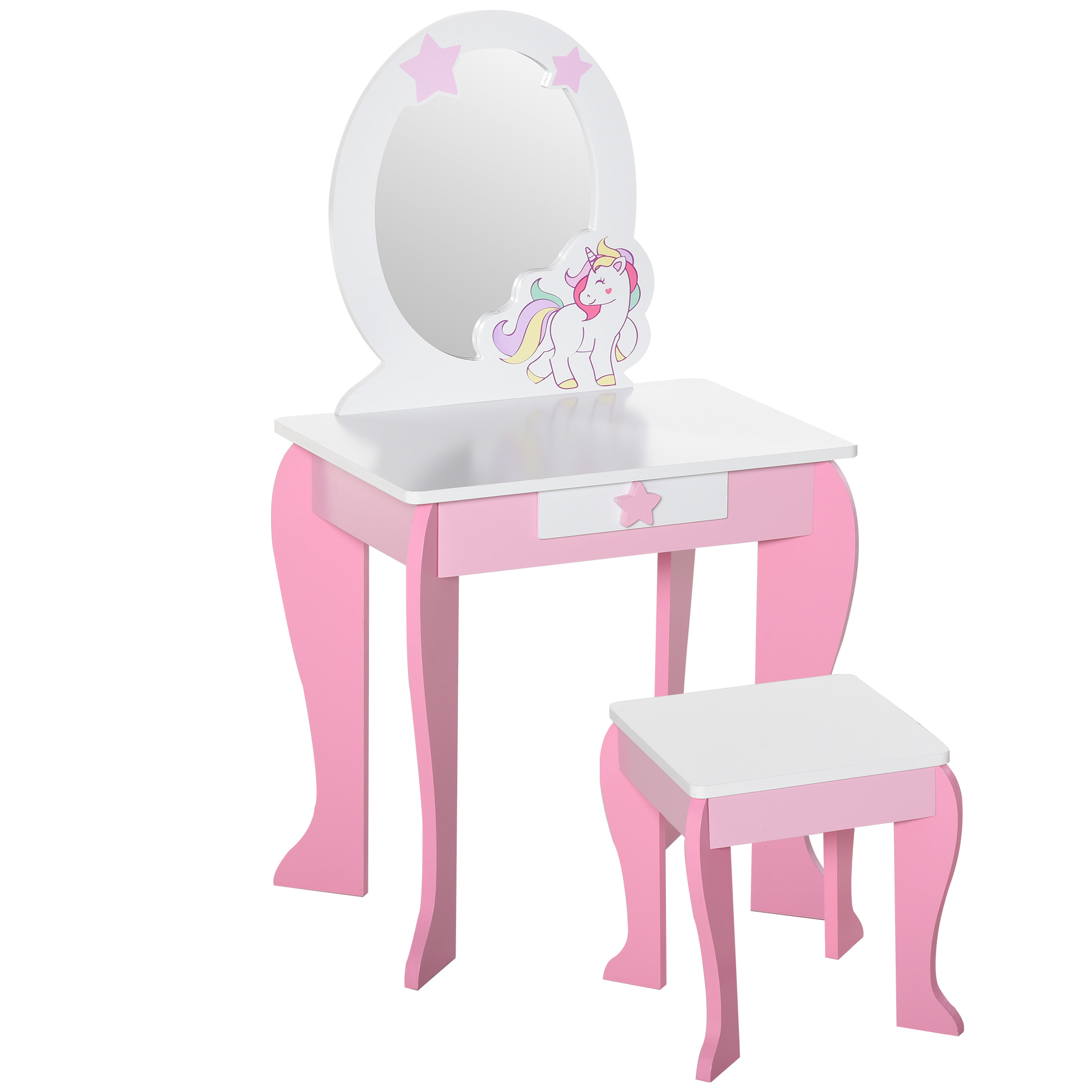 Coiffeuse enfant design licorne - tabouret inclus - dim. 49L x 34l x 90H cm - tiroir, miroir - MDF - rose blanc