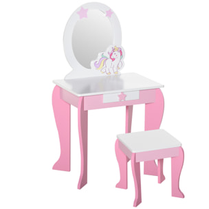 Coiffeuse enfant design licorne - tabouret inclus - dim. 49L x 34l x 90H cm - tiroir, miroir - MDF - rose blanc