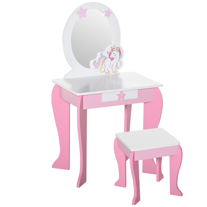 Coiffeuse enfant design licorne - tabouret inclus - dim. 49L x 34l x 90H cm - tiroir, miroir - MDF - rose blanc