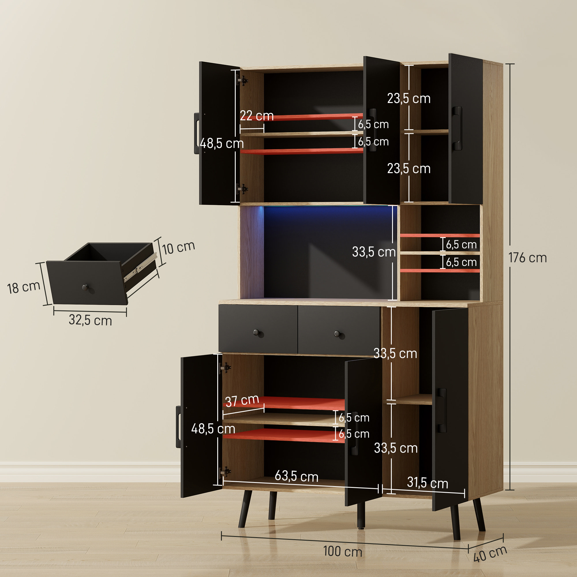 Alacena de Cocina Alta con Luces LED RGB Mueble Auxiliar de Cocina con 6 Puertas 2 Cajones Encimera y Orificio para Cables Estilo Moderno Negro y Roble 100x40x176 cm