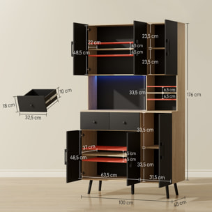 Alacena de Cocina Alta con Luces LED RGB Mueble Auxiliar de Cocina con 6 Puertas 2 Cajones Encimera y Orificio para Cables Estilo Moderno Negro y Roble 100x40x176 cm