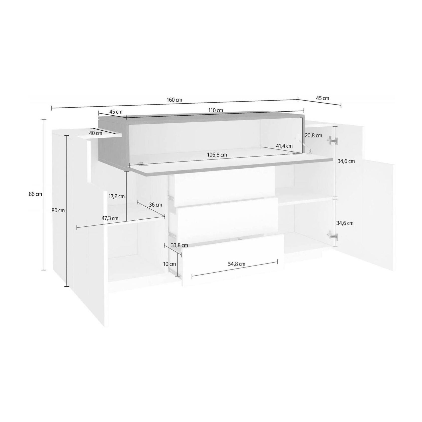 Credenza moderna, Madia di design a 3 ante e 3 cassetti, Made in Italy, Mobile Porta TV, Buffet da soggiorno, cm 160x45h86, colore Bianco lucido e Grigio Cenere