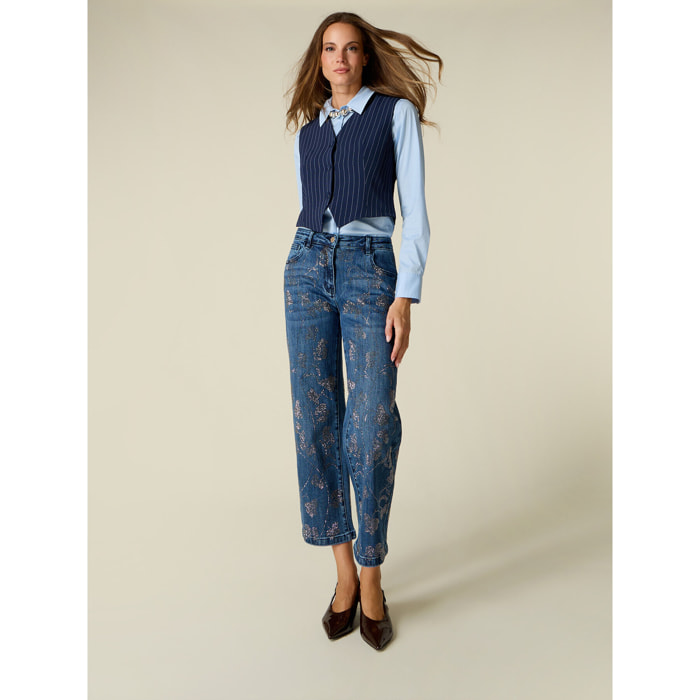 Oltre - Jeans cropped con applicazione di cristalli - Blu