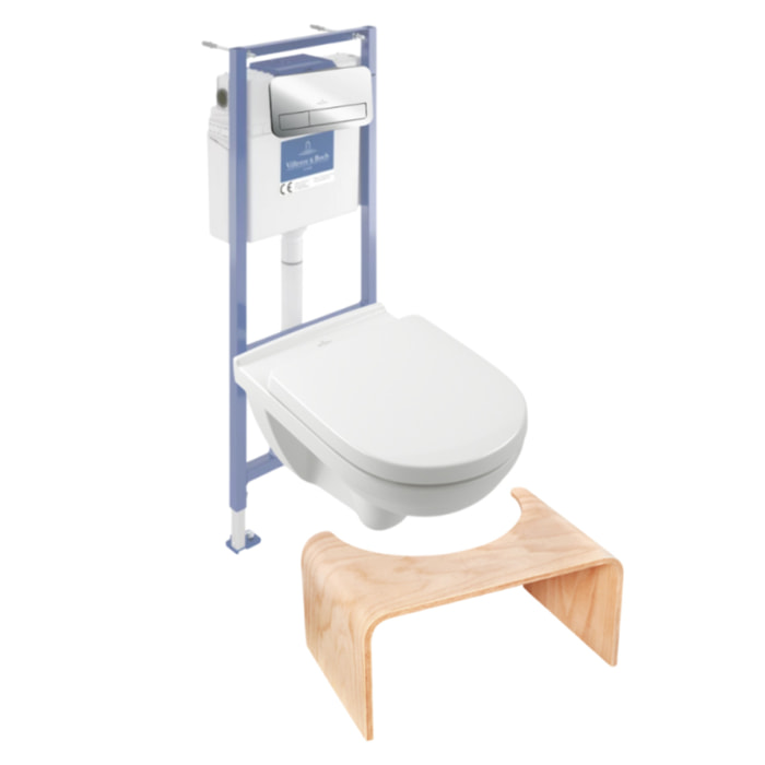 Pack WC sans bride O novo avec abattant frein de chute + bâti-support sol et mur Viconnect PRO + plaque Chromé   + Tabouret bois