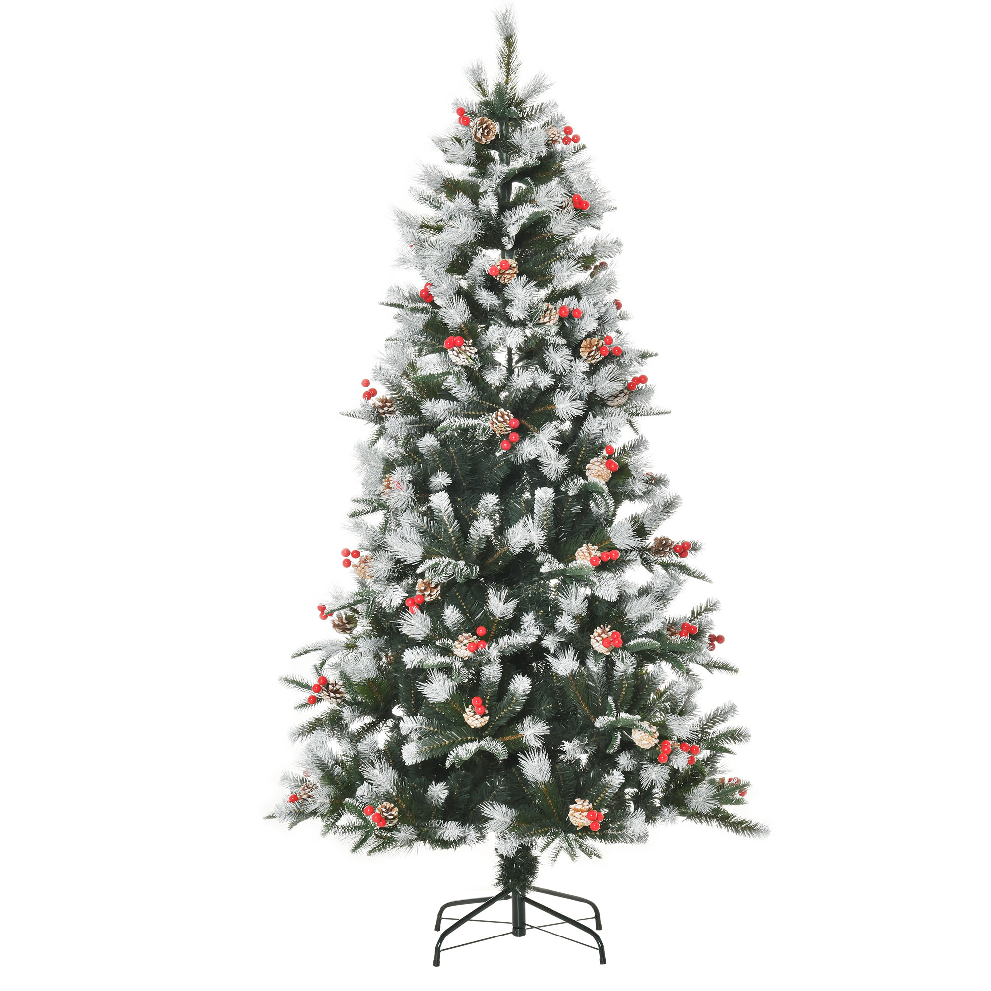 Árbol de Navidad Artificial 180 cm con 678 Ramas 53 Piñas y 53 Bayas Hojas de PVC PE Base Plegable y Soporte Metálico Decoración Navideña para Interiores Verde