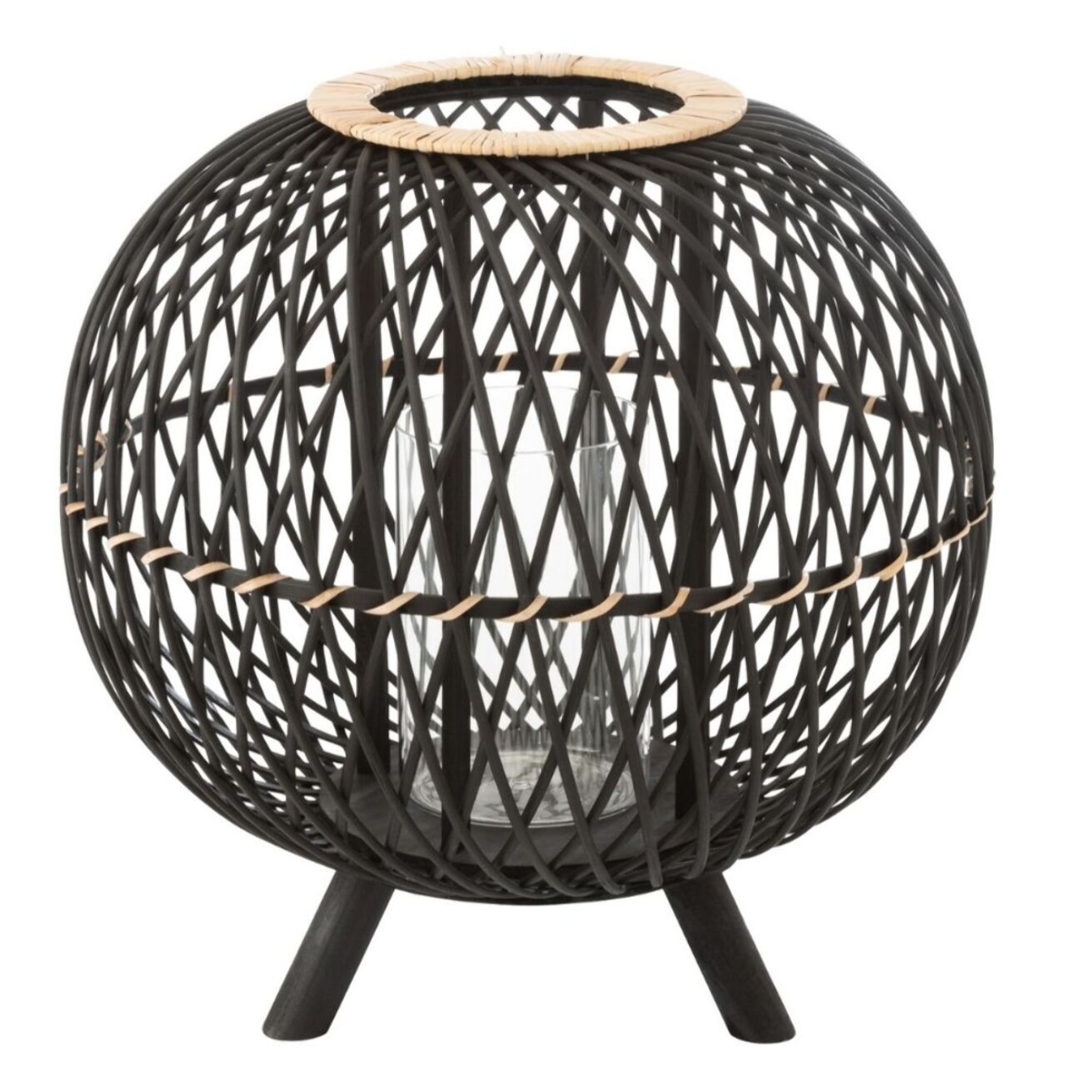 J-Line lanterne Boule Sur Pied - bambou - noir/naturel - large