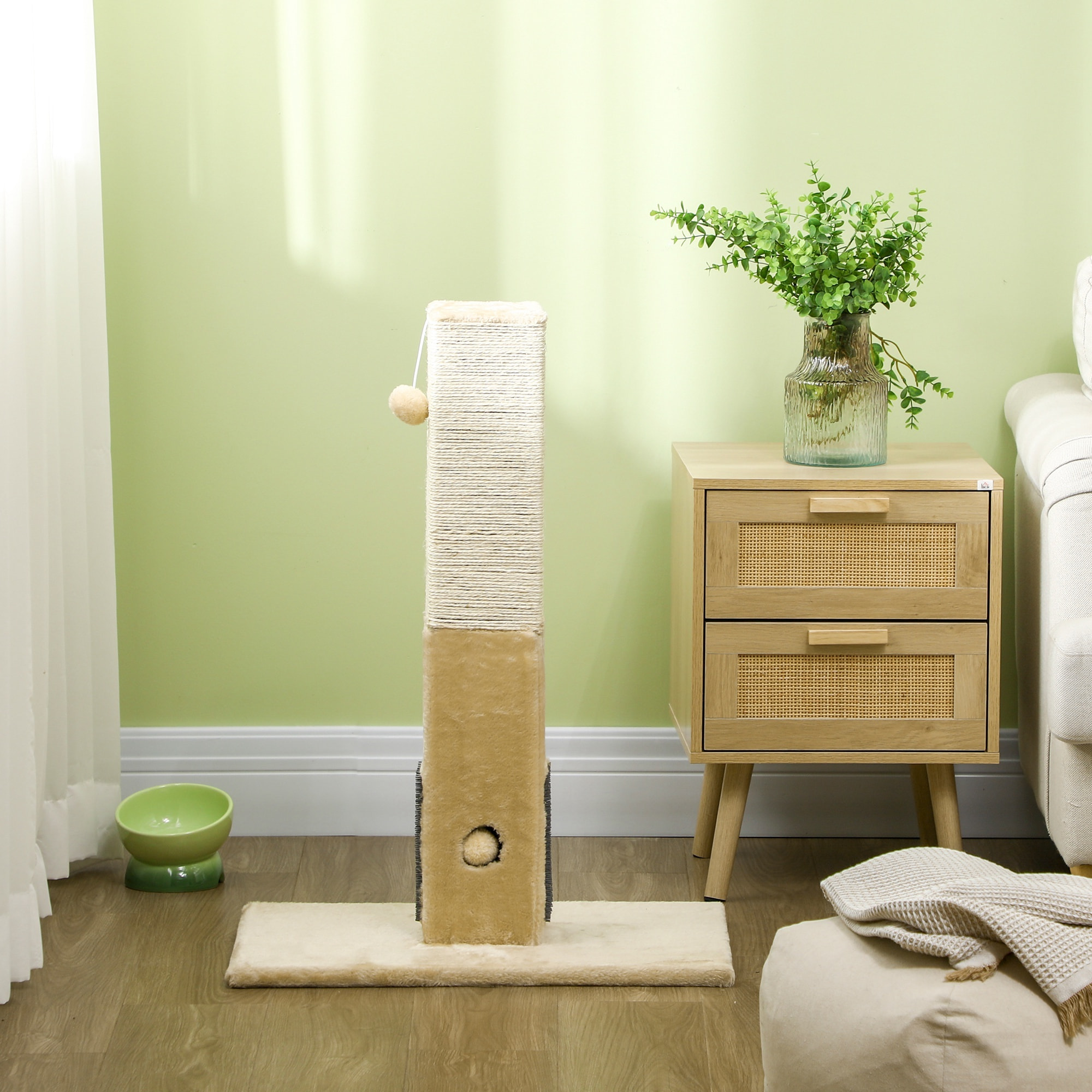 Poste Rascador para Gatos 79 cm Rascador para Gatos Arañador para Gatos con Bola Colgante Cascabel y Poste de Yute 59,5x39x79 cm Beige y Crema
